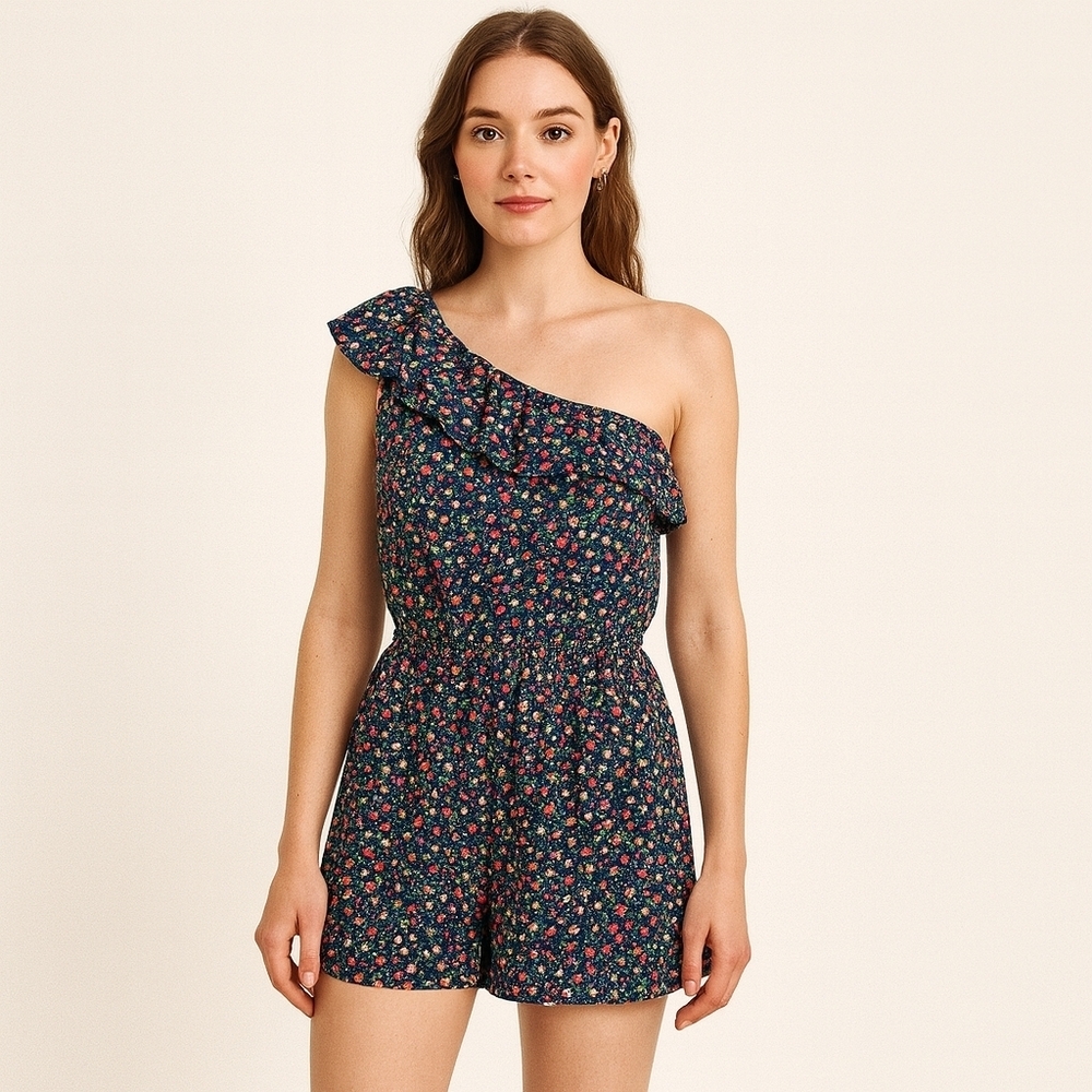 Forever 21 Floral One-Shoulder Romper - Blue Red Yellow White Pockets Size Med